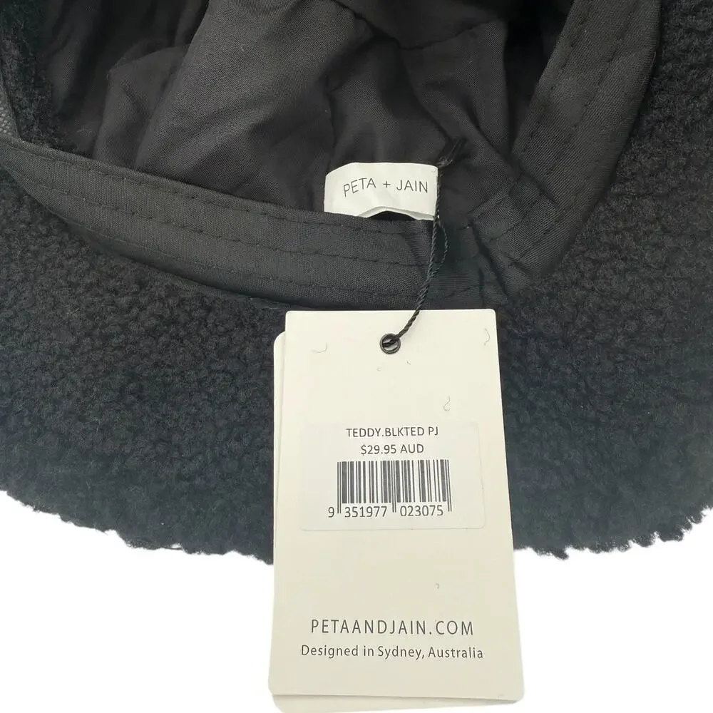 Peta + Jain Fuzzy Teddy Bucket Packable Beach Sun Hat in Black with Gold Logo